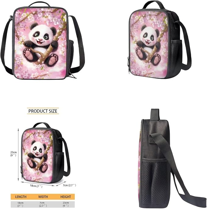 Cherry Blossom Panda Backpack for Girls Kids Backpack with Lunch Box Water Bottle Holder and Big Pencil Case 4PCS Set Bookbag with Front Pocket for School 17" Lightweight Elementary School Bag - Image 4