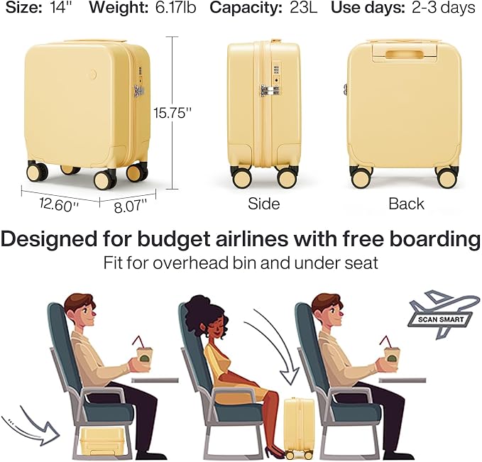 mixi 14 Inch Underseat Luggage Carry on Suitcase Free Boarding Personal Item Suitcases with Spinner Wheels Hardshell Lightweight PC for Short Travel, Lark Yellow - Image 2