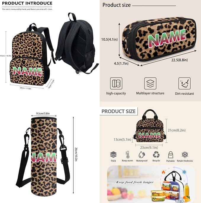 Leopard Spots Teens Lightweight Backpack with Lunch Box, Cheetah Skin Kids BookBag 4 Set Rucksack, Brown Black Water Bottle Holder Pencil Bag for Girls Boys - Image 3