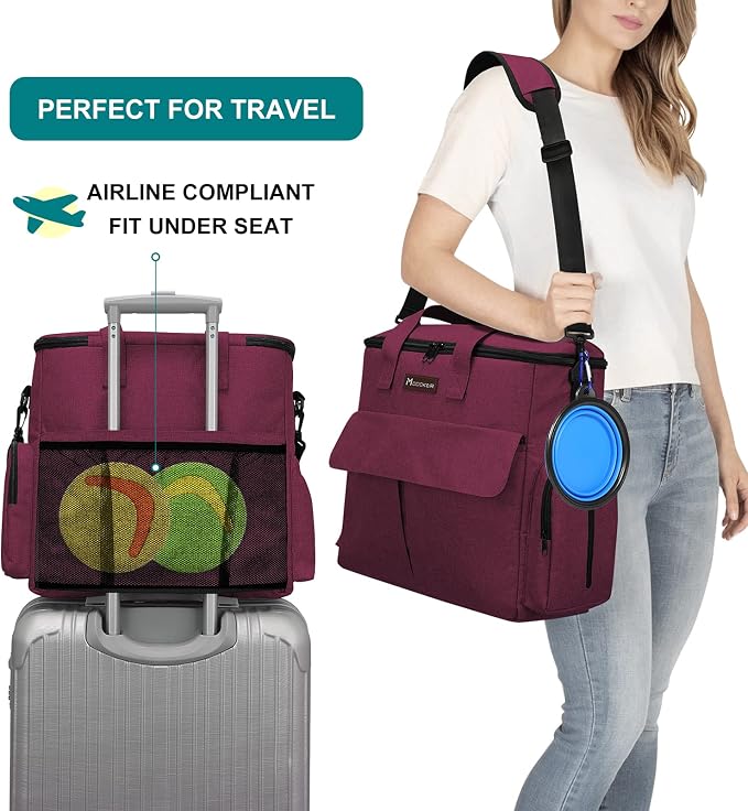 Modoker Dog Travel Bag with 2 Food Bags, 2 Bowls and 1 Mat(Rose Red) | Roomy Main Compartment | Multiple Functional Pockets | Water-Resistant Oxford Fabric | PVC Backing | Leak-Resistant Lining - Image 5