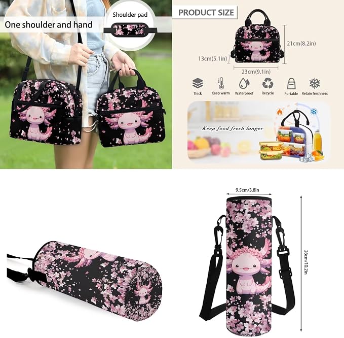 Cartoon Axolotl Schoolbag Set with Lunchbox Pencil Case Water Bottle Sling Bag for Girl,4pcs Cherry Blossom Axolotl Backpack for Elementary Middle School Students,Casual Daypack 17 Inch - Image 4