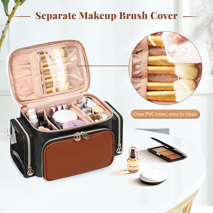 Bagmoly Large Makeup Bag, Portable Travel Makeup Bag Organizer for Women Girls with Makeup Brush Compartment & Two Side Pockets, Cosmetic Travel Bag Vertical Storage Toiletry Bag- Brown - Image 3