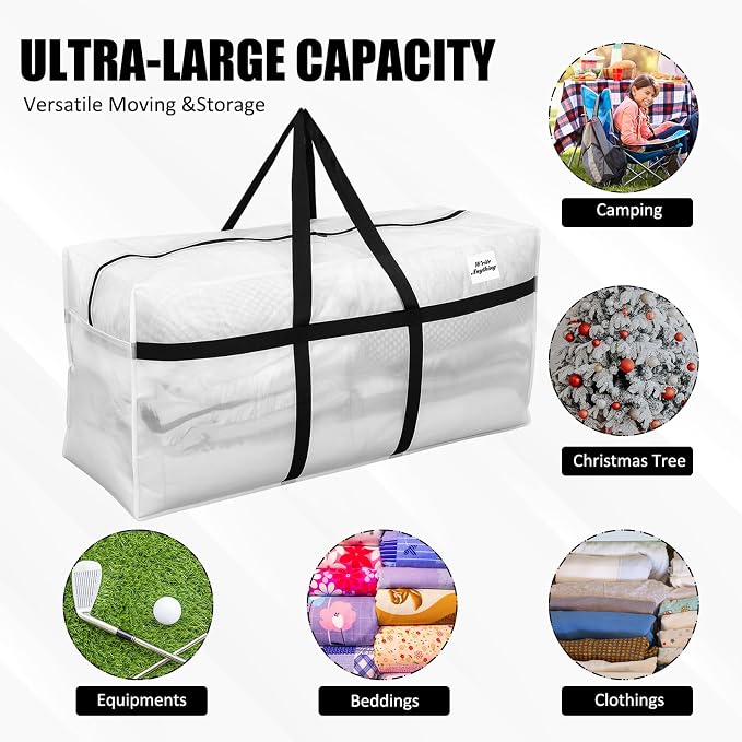 Windyun 4 Pack 69 Gallon Extra Large Moving Bags XXL Heavy Duty Storage Bag with Strong Zipper Handle Jumbo Big Tote Box Foldable for College Dorm Travel Clothes Duffle Blanket Pillow(Transparent) - Image 4