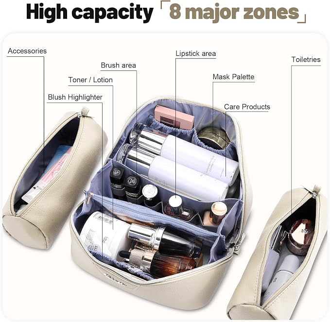 BOYATU Travel Makeup Bag Cosmetic Bags for Women: Large Capacity 3 Pcs Set Make up Bag with Compartments - Waterproof Vegan Leather Toiletry Organizer Bags with Handle (L27Off-white) - Image 4