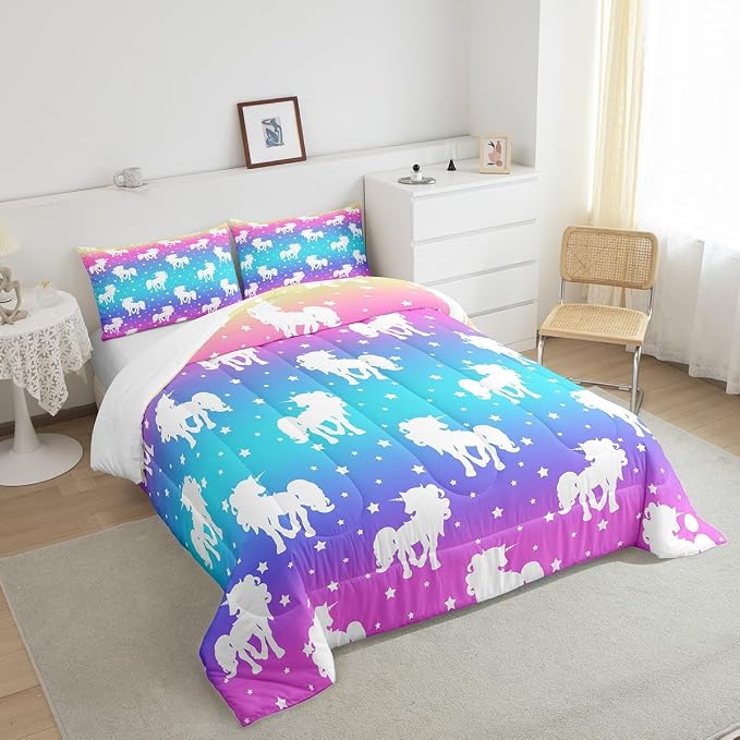 2 Piece Unicorn and Stars Bedding Set King Size,Tie Dye Pastel Comforter Sets Rainbow Printed Duvet Sets for Kids Girls Teens,Girly Sweet Colorful Down Comforter Bedroom Decor with 2 Pillow Cases - Image 4