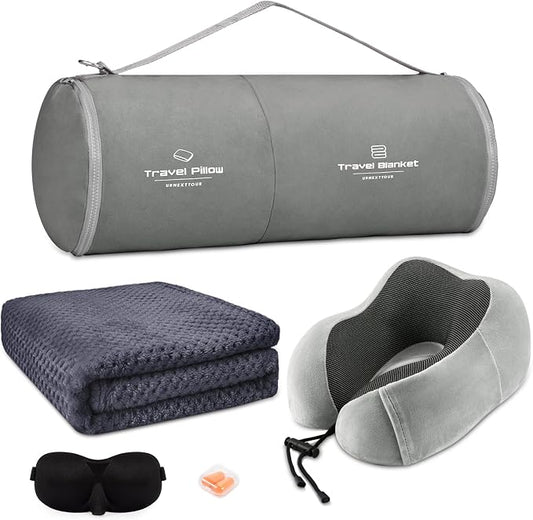 urnexttour Travel Pillow and Blanket Set Neck Pillows Soft Blankets with Sleep Mask Travel Essentials for Airplane Car Memory Foam Grey by Urnexttour