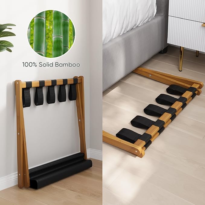 Smart FENDEE Luggage Rack, Folding Luggage Rack for Guest Room, Walnut Bamboo Suitcase Stand Holds up to 131 lb, Luggage Stand with Storage Shelf for Hotel, Bedroom (1 Pack) - Image 4