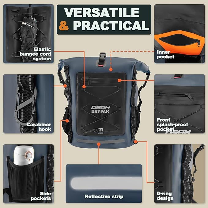 OSAH DRYPAK Waterproof Backpack Dry Bag 35L/55L/85L – Heavy Duty Roll-Top Hiking Backpack Sack Keeps Gear Dry for Travel, Kayaking, Boating, Camping, Rafting and Fishing - Image 3