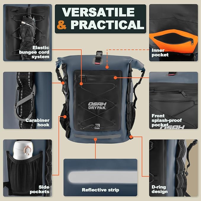 OSAH DRYPAK Waterproof Backpack Dry Bag 35L/55L/85L – Heavy Duty Roll-Top Hiking Backpack Sack Keeps Gear Dry for Travel, Kayaking, Boating, Camping, Rafting and Fishing - Image 3
