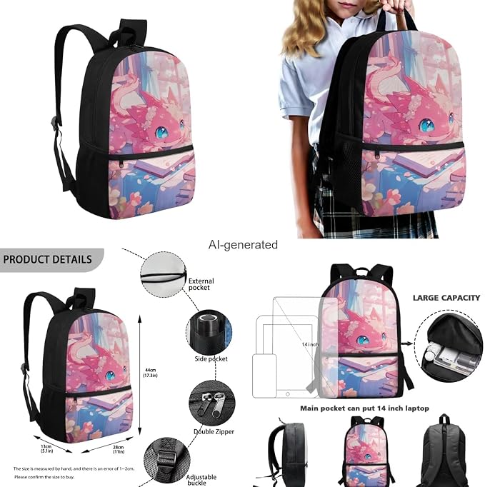 Cute Axolotl 3Rd Grade Backpack for Girls with Lunchbox, Water Bottle Sleeve & Pencil Case Portable Lightweight Bookbag for Junior Middle School New Semester Gifts Bag - Image 3