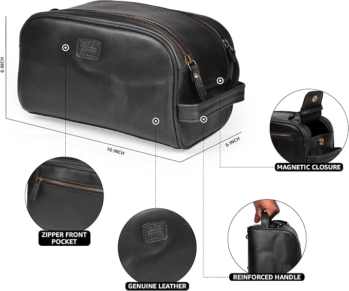 LEATHER VILLAGE Genuine Leather Toiletry Travel Bag With Waterproof Lining - Black | King-Size Handcrafted Vintage Dopp Kit Bag, Shaving & Bathroom Organizer, Gift for Men & Women - Image 4