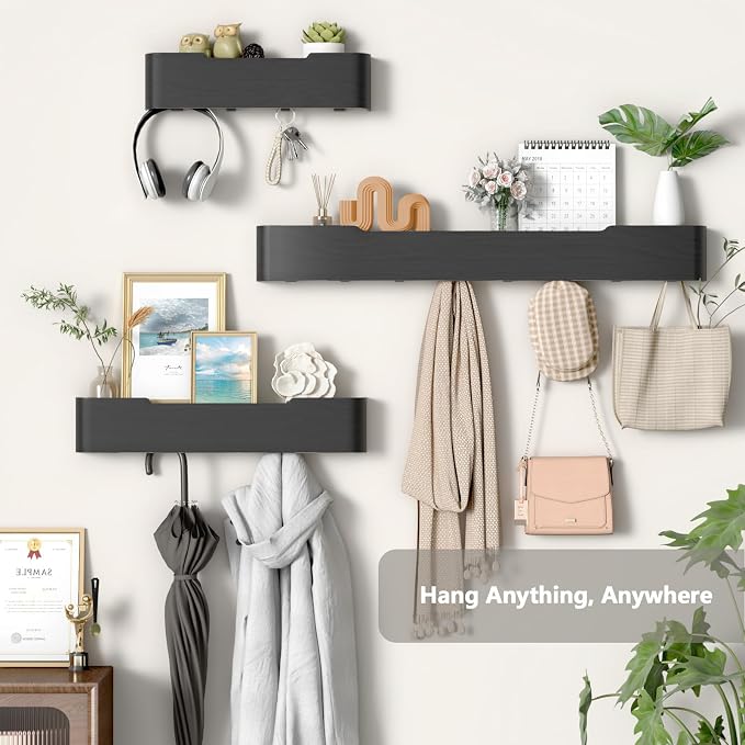 Wall Mounted Coat Rack with Shelf, Wooden Entryway Organizer with Hidden Metal Hooks for Hanging Coats Bags Keys, Modern Floating Shelf for Hallway Bathroom - Image 2