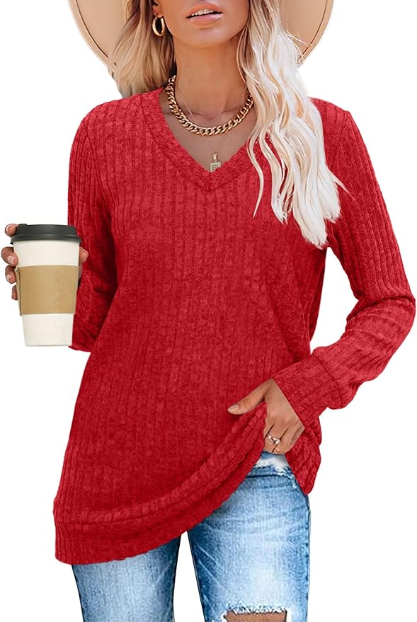 Sampeel V Neck Long Sleeve Shirts for Women Casual Fall Tops Lightweight Tunic Sweaters Fashion Clothes Loose Fit 2025