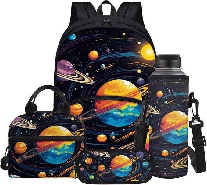 Kids School Backpack Trippy Galaxy Print 4 Pcs School Bag with Lunch Bag Pencil Case Water Bottle Sleeve Bookbag Set by Glomenade