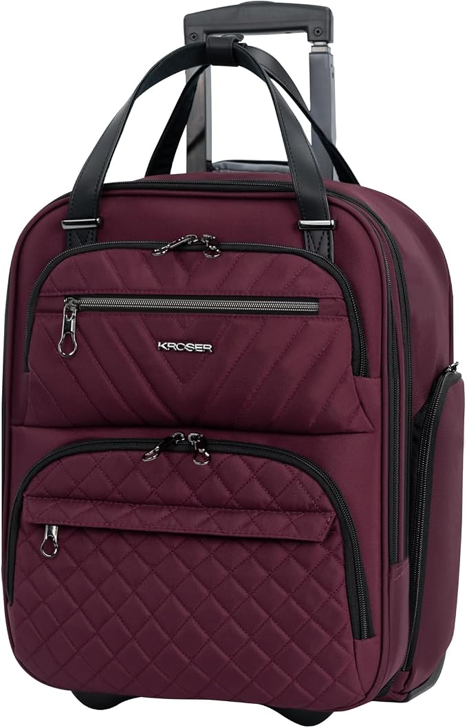 KROSER Carry On Underseat Multi-functional, 16-inch Underseater Lightweight Overnight Suitcase for Women, Burgundy by KROSER