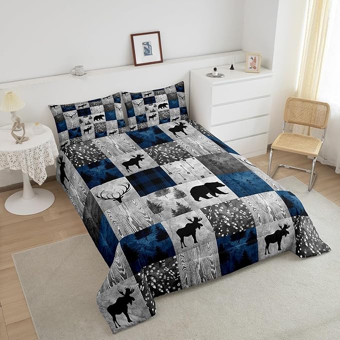 Bear Bedding Set Twin for Teens Boys,Buffalo Plaid Check Comforter Set Cabin Lodge Decor,Wild Animal Elk Antler Pattern Duvet Quilt Insert,Rustic Deer Patchwork Down Comforter 2pcs Blue Grey - Image 4