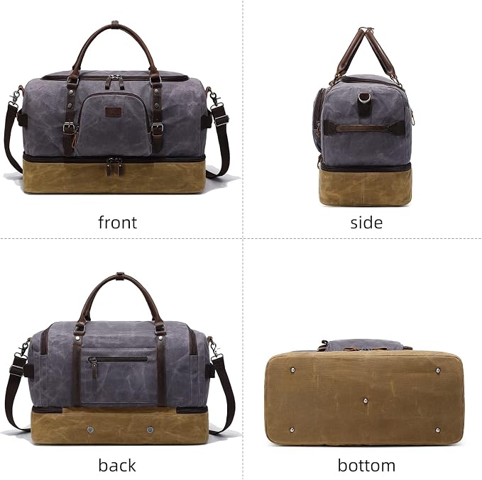 Nerlion Weekender Bag with Shoe Compartment Large Overnight Bag for Men Canvas Genuine Leather Carry on Luggage Bag Travel Duffel Bag(Gray) - Image 9