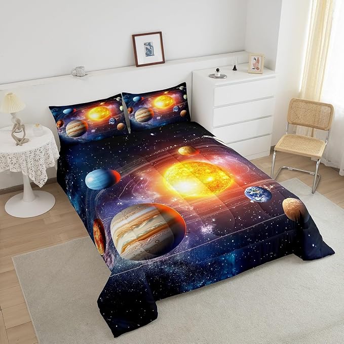 Erosebridal Solar System Bedding Set King Galaxy Space Comforter Set for Kids Boys Toddler Outer Space Room Decor Nebula Planets Orbit Comforter Celestial Universe Stars Quilt Duvet 2 Pillowcases - Image 4