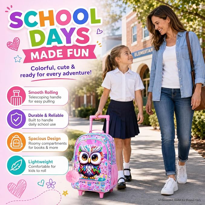 HPJGD 3PCS Owl Rolling Backpack for Girls, Kids School Backpacks with Wheels, Water Resistant UV Printed Roller Wheeled Bookbag Set - Image 6