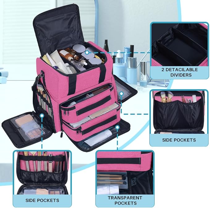 Large Makeup Bag with 2 Removable Case Cosmetic,Red | Large Makeup Bag with 2 Removable Case Multifunctional Cosmetic Bag Double Layer Travel Toiletry Organizer - Image 3