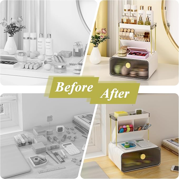 FOLLOWIN 3 Tier Makeup Organizer, Vanity Desk Cosmetic Display with Drawer | Detachable Brush Holder, Washable, Fits Bathroom Office Coffee Bar Nook, Compact Countertop Vertical Storage, Space-Saving - Image 5