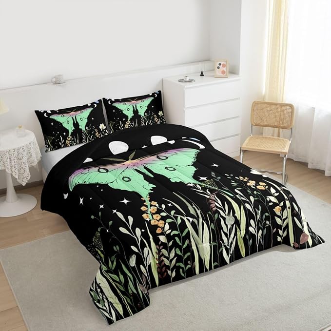 Erosebridal Teens Moth Bedding Set Full, Aesthetic Flower Comforter Set Bohemian Sun Moon Duvet Sets for Kids Boys Adult Women, Nature Trippy Floral Bedding Comforters Goth Bedroom Decor - Image 6