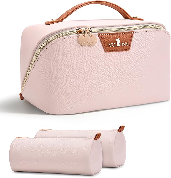 Travel Makeup Bag for Women: 3-in-1 Large Capacity Cosmetics Organizer with 2 Detachable Pouch - Vegan Leather Flat Open Toiletry Bag - Travel Essentials for Full-Sized Bottles(White) by Unknown