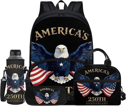 250 Year American Anniversary Backpack Schoolbag Set USA Flag Patriotic Eagle School Bookbag Daypack Shoulder Crossbody Book Bags Lunch Tote Box Water Bottle Pencil Pen Case Bag, Black by Jndtueit