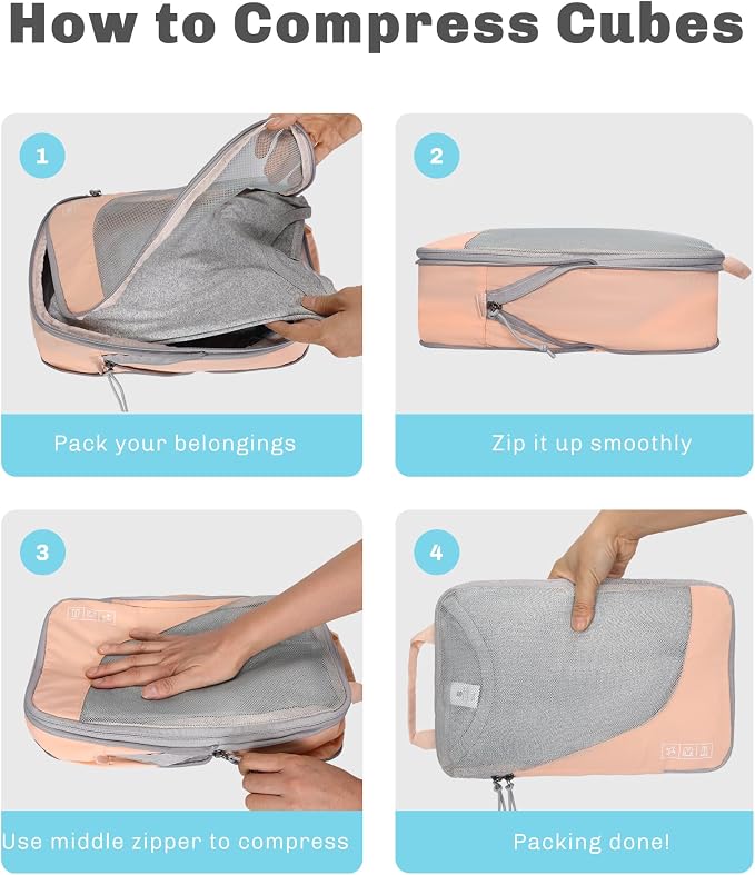 Hynes Eagle 6 Set/ 4 Set/ 2 Set Compression Packing Cubes Travel Essentials Lightweight Nylon Luggage Suitcase Organizer Bag Light Pink 6PCS - Image 6