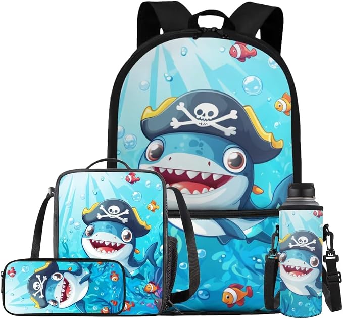 Cartoon Shark Backpack for Boys Kids Backpack with Lunch Box Water Bottle Pouch and Zipper Pencil Pouch 4PCS Set Bookbag with Front Pocket for School 17" Sturdy School Bag for Elementary Girls by ELEDIZI