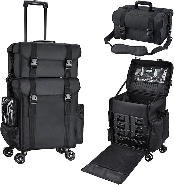 Stagiant Professional Rolling Makeup Case Soft Sided Cosmetology Organizer Wheeled Nylon Train Case Portable Travel Supply Station for Makeup Artist Nail Technician Hair Stylist Crafters by Stagiant