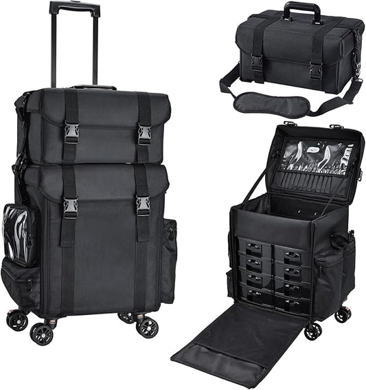 Stagiant Professional Rolling Makeup Case Soft Sided Cosmetology Organizer Wheeled Nylon Train Case Portable Travel Supply Station for Makeup Artist Nail Technician Hair Stylist Crafters by Stagiant