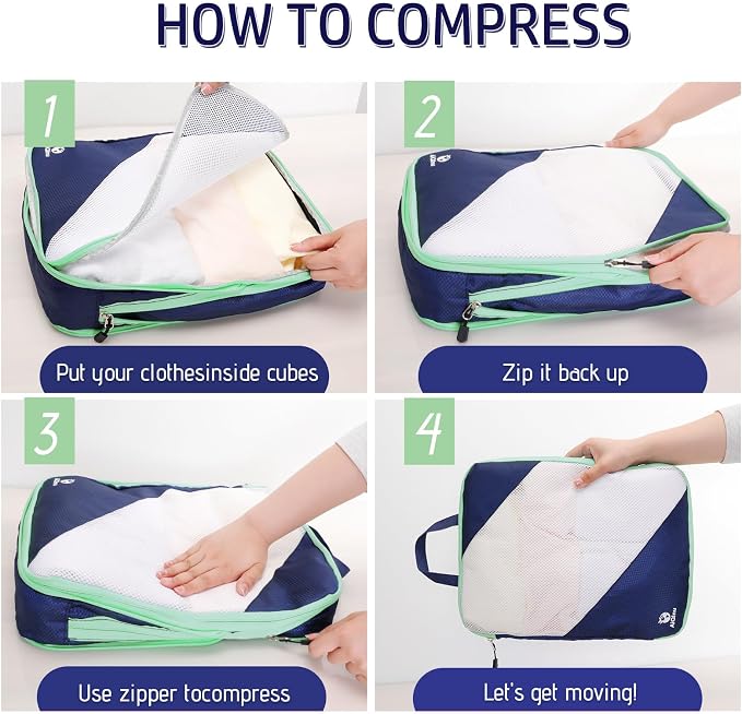 AiQInu Packing Cubes Compression, Pack of 5 Packing Bags, Compression Suitcase Organiser Set with Laundry Bag and Shoe Bag, Ultralight, Expandable, Travel Pack Organiser for Hand Luggage (Dark Blue) - Image 3