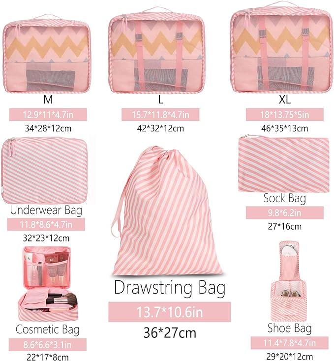 BAGAIL 8 Set Packing Cubes Luggage Packing Organizers for Travel Accessories-White and Pink Stripe - Image 2
