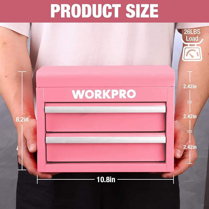 WORKPRO Metal Mini Tool Box with 2 Drawers and Top Storage | Cold Rolled Steel Toolbox, Ball Bearing Slides, PVC Drawer Liners, PP Feet Pads, Durable Storage - Image 2