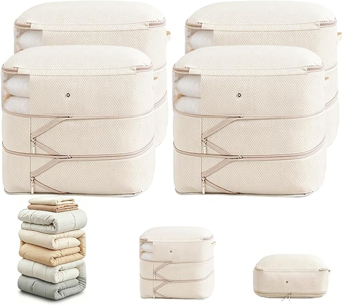 Comforter Storage Bag, Large Capacity Blanket Storage Bags 3-Layer Ultra Space Saving Self Compression Organizer, Heavy Duty Space Saver Organizer for Bedding, Clothes, Blanket, 4-Pack, Beige by Unknown