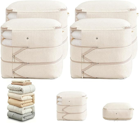 Comforter Storage Bag, Large Capacity Blanket Storage Bags 3-Layer Ultra Space Saving Self Compression Organizer, Heavy Duty Space Saver Organizer for Bedding, Clothes, Blanket, 4-Pack, Beige by Unknown