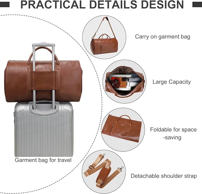 Garment Bags for Travel, 45L Carry-On Convertible Duffle with Strap | 2-in-1 hanging suit bag converts to duffel, shoe compartment, waterproof PU leather, wrinkle-free, detachable strap - Image 5