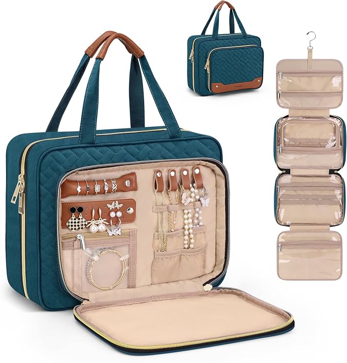 Wedama Toiletry Bag for Women, Hanging Travel Toiletry Bag with Jewelry Organizer Compartment Large Makeup Bag, PVC Waterproof Cosmetic Travel Bag for Travel Business Trips Camping Bathroom, Blue by Wedama