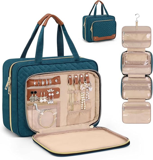 Wedama Toiletry Bag for Women, Hanging Travel Toiletry Bag with Jewelry Organizer Compartment Large Makeup Bag, PVC Waterproof Cosmetic Travel Bag for Travel Business Trips Camping Bathroom, Blue by Wedama