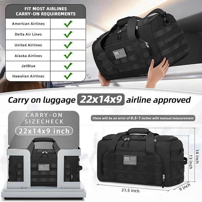 ZOMFELT Tactical Gym Bags for Men, 22x14x9 Carry On Luggage Duffle Bag for Travel, 3-in-1 Sports Basketball Soccer Bag with Removable Dividers & Shoe Compartment, Weekender Overnight Travel bag, Black - Image 2