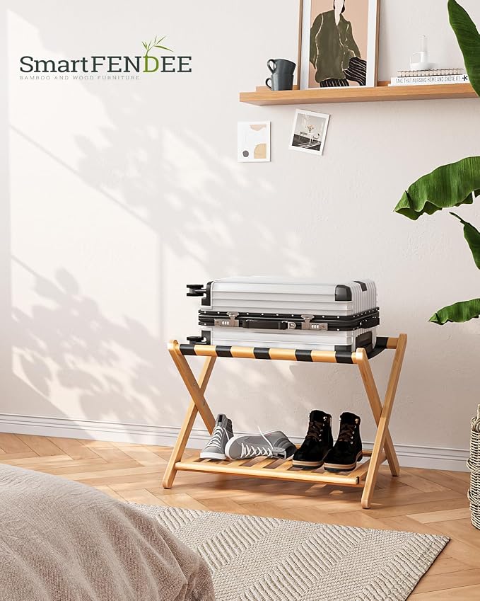 Smart FENDEE Fully Assembled Bamboo Luggage Rack, Heavy Duty Folding Suitcase Stand with Storage Shelf, Guest Room Essentials, Ideal for Bedroom, Hotel, Natural - Image 6