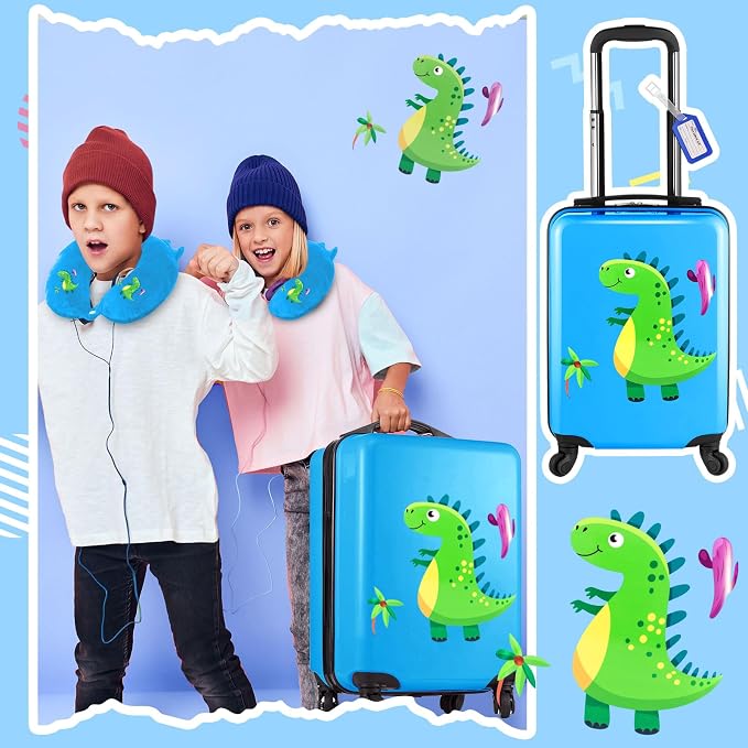 Sanwuta 4 Pcs Kids Luggage Set Back to School Gifts for Girls Boys Carry On Rolling Suitcase Backpack Neck Pillow Travel Set(17 Inch,Dinosaur Style,Blue) - Image 7