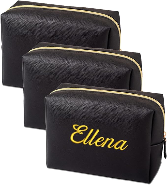 GOPHIE Embroidered Large Make up Bag,Personalized Skincare Bag,Cosmetic Travel Bags for Women Gift For Wedding,Set of 3, Black by GOPHIE