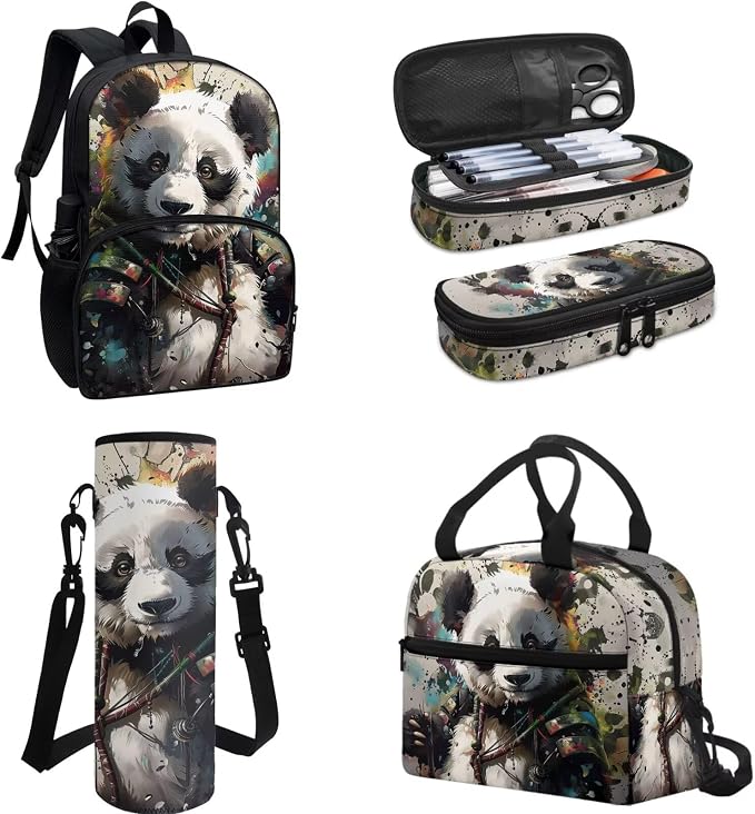 4PCS Kids Watercolor Panda Black Travel Bookbag Backpack Lunch Bag Shoulder Crossbody Handbags with Thermal Insulated Pen Carrying Case Purse for Girls Boys Teenagers Hiking Daypack - Image 2