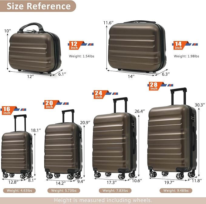 Brown 6 Piece Luggage Set Hard Shell - Traveling Suitcases with Spinner Wheels and Small Cases for Family Travel, Durable Carry On Luggage Sets with Lock for Women and Men - Image 2