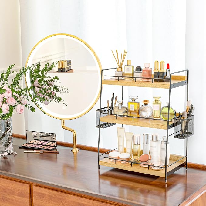 3 Tier Bathroom Counter Organizer with Side Baskets, Wood Countertop Vanity Shelf,Sturdy Metal Frame fits Tall Bottles - Image 2