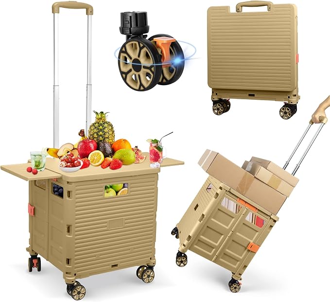 FELICON SELORSS Folding Utility Cart Portable Rolling Crate Handcart-Khaki | Magnetic Sliding Lid,Telescoping Handle,Plastic Box Dolly,360°Swivel Wheels for Travel Shop Move Laundry Office Teacher Use by FELICON