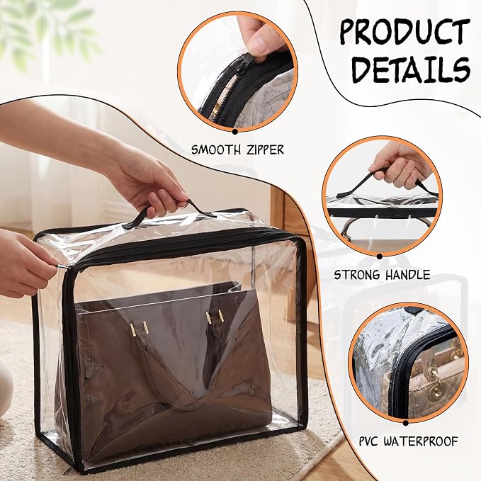 Hsei 12 Pcs Clear Dust Bags For Handbags 4-Sizes Fits Mini Wallets Oversized Tote Bags PVC Waterproof Purse Storage Organizers for Luxury Bag Soft Stand-Up with Zipper Handle for Closet Hanging - Image 3