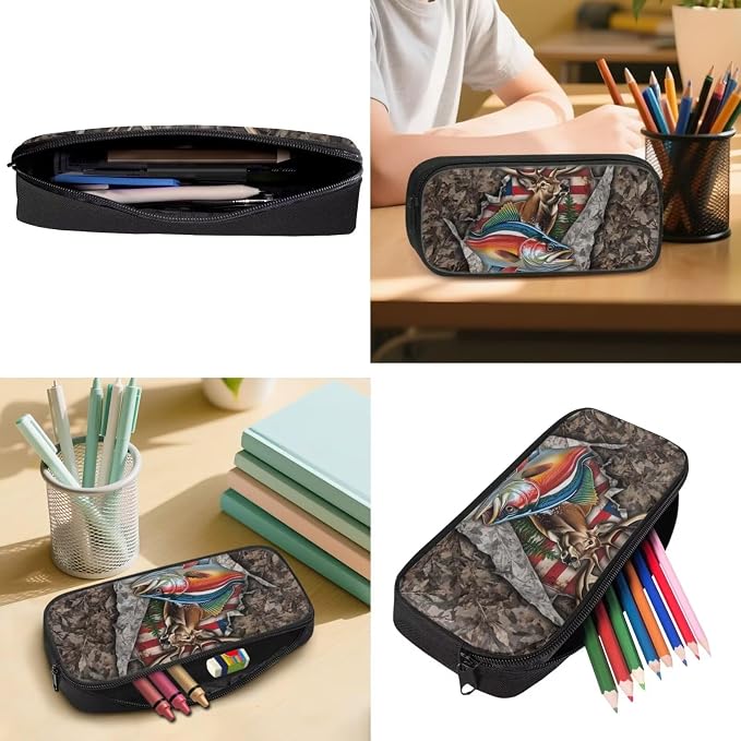 GIFTPUZZ 4 Piece Camo Deer Fish American Flag Backpack Set for Kids | Patriotic Bookbag with Lunch Box for Boys Elementary School, Zip up Pencil Case, Water Bottle Sleeve, Summer Camp, Ages 6-8 - Image 5